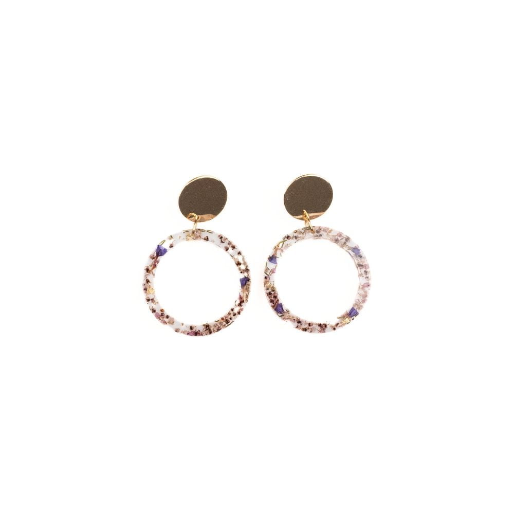 Bezel: Solid resin Disc: Gold plated brass Stud: Sterling Silver Inlay: A mix of Pink Ericas and Sea Lavender