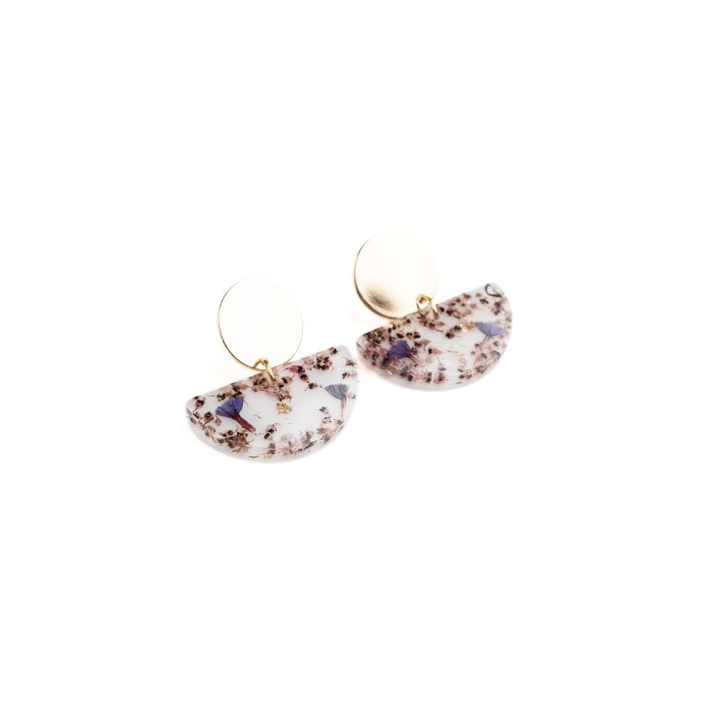 Botanical resin drop earrings with pink erica and sea lavender, gold plated brass disc studs and sterling silver posts.