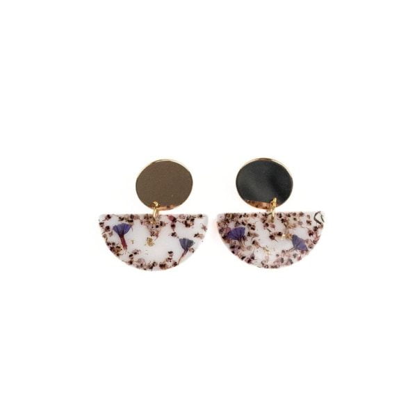 Botanical resin drop earrings with pink erica and sea lavender, gold plated brass disc studs and sterling silver posts.