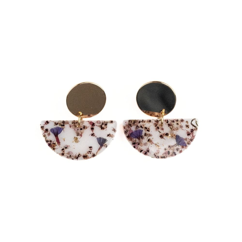 Botanical resin drop earrings with pink erica and sea lavender, gold plated brass disc studs and sterling silver posts.