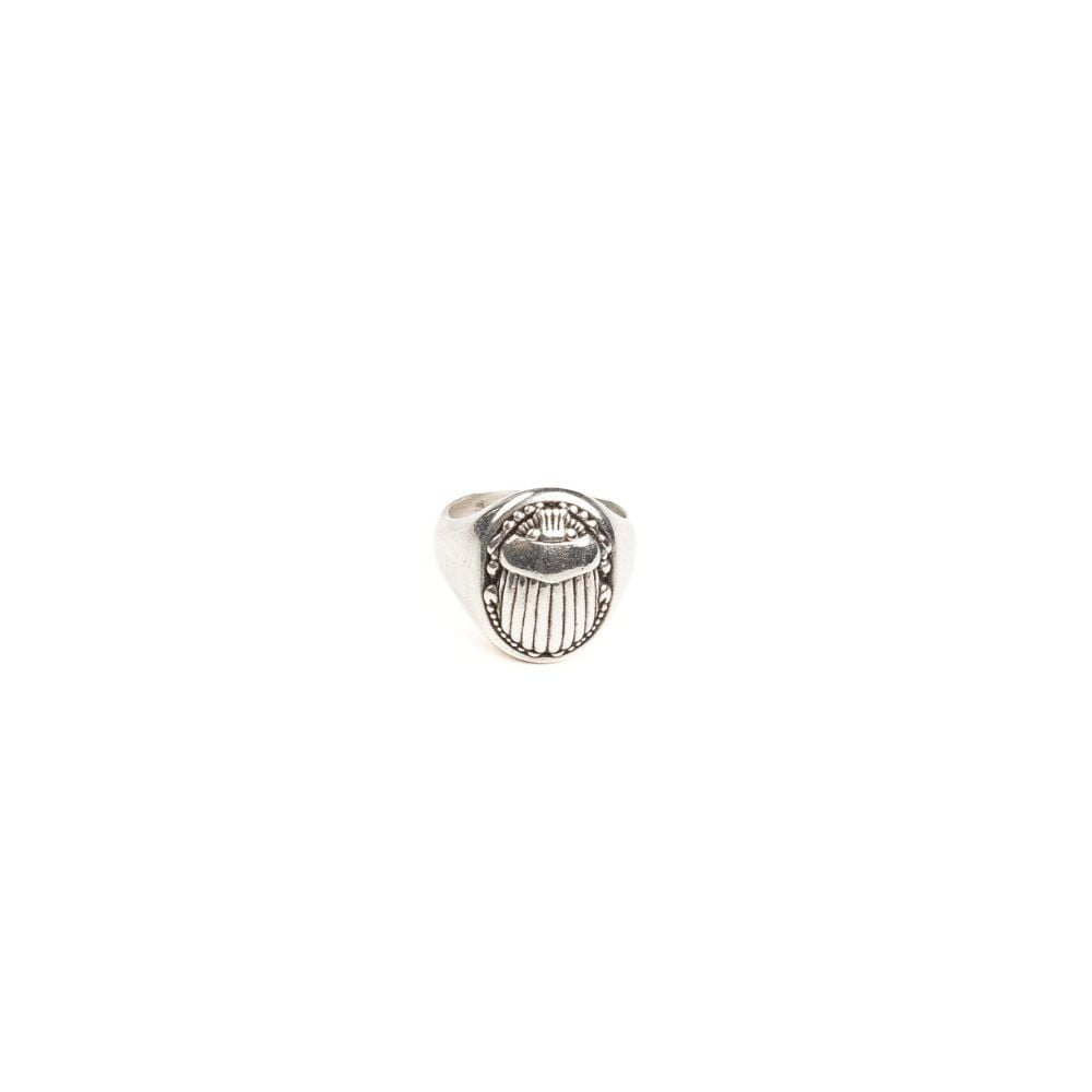 Sterling silver signet ring with engraved scarab design.