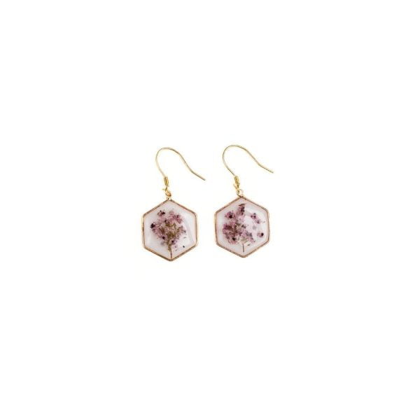Gold hexagon earrings with real pink Erica flowers from the Western Cape preserved in milky resin.