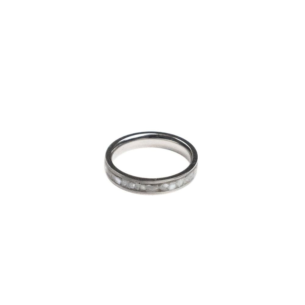 4mm stainless steel ring with crushed white pearl inlay.