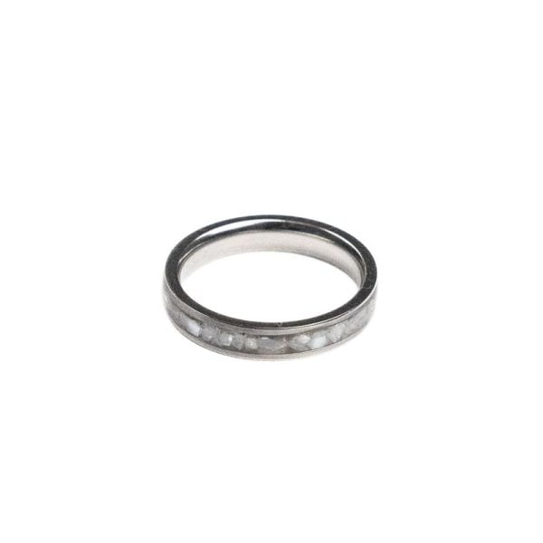 4mm stainless steel ring with crushed white pearl inlay.