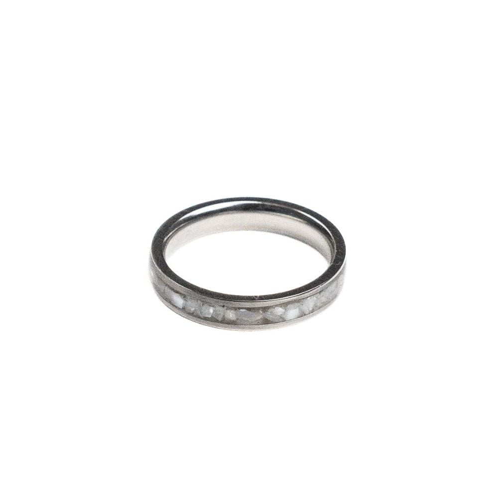 4mm stainless steel ring with crushed white pearl inlay.