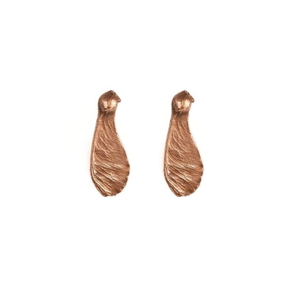 Copper sycamore seed earrings with sterling silver studs, made from real seeds found in Prague.