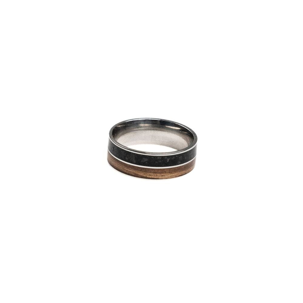 12mm stainless steel ring with Zebrano wood and mixed black stone inlay