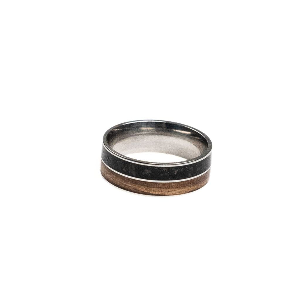 12mm stainless steel ring with Zebrano wood and mixed black stone inlay