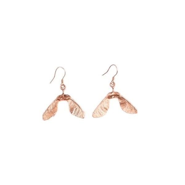 Copper maple seed earrings with real Stellenbosch maple seeds and rose gold plated sterling silver hooks.