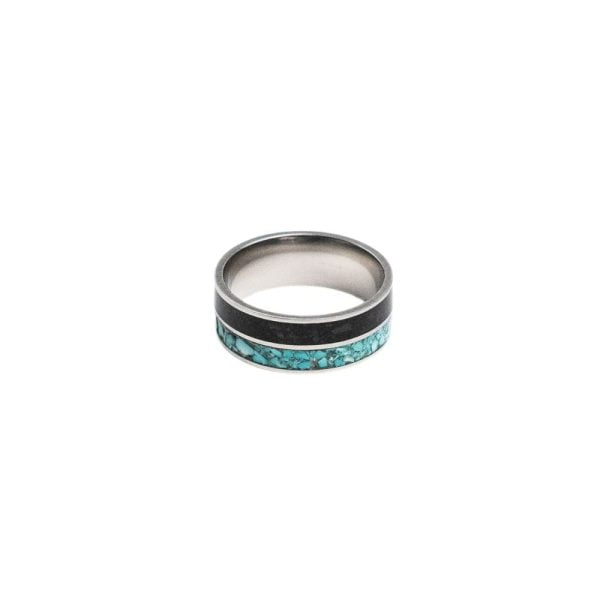 Stainless steel ring with turquoise stone inlay and black stone accent band.