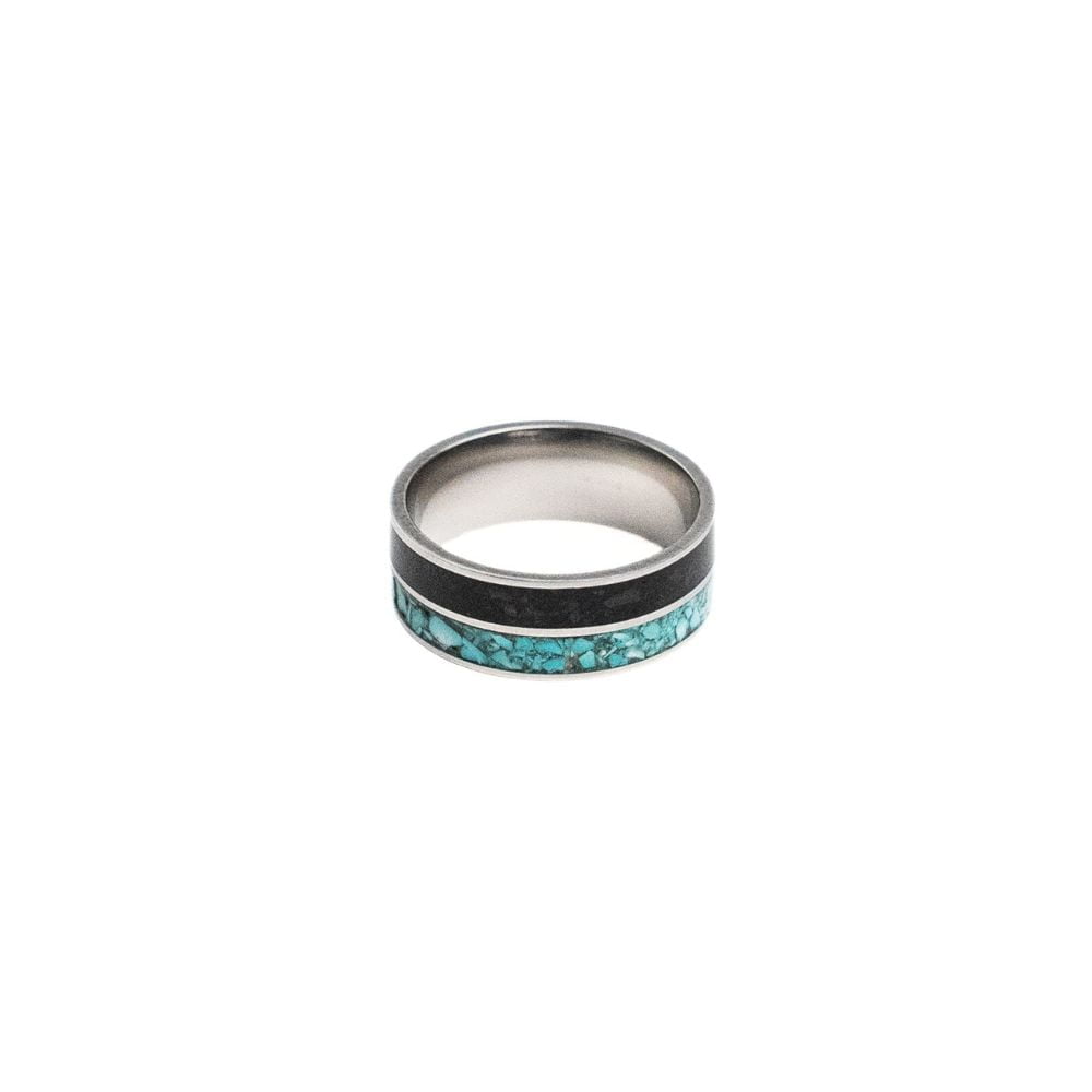 Stainless steel ring with turquoise stone inlay and black stone accent band.