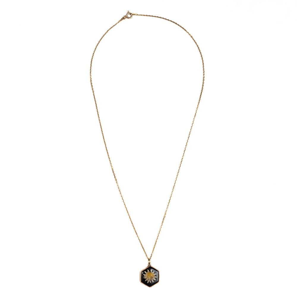 Gold hexagon daisy necklace with real Cape Town daisy flower set in resin on a gold plated sterling silver chain.