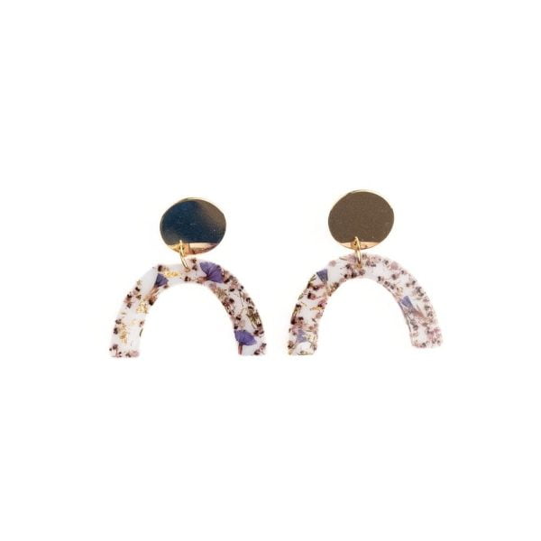 Arch resin statement earrings with pink erica and sea lavender flowers, gold plated brass disc studs and sterling silver posts.
