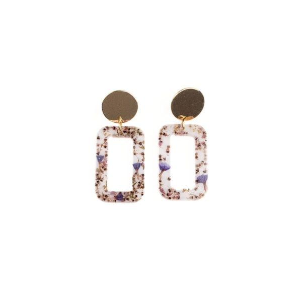 Rectangular resin statement earrings with pink erica and sea lavender flowers, gold plated brass disc studs and sterling silver posts.