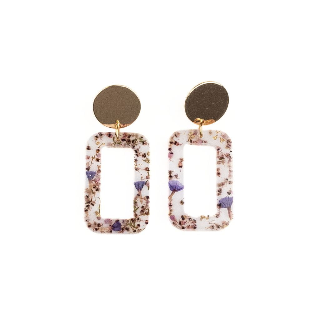 Rectangular resin statement earrings with pink erica and sea lavender flowers, gold plated brass disc studs and sterling silver posts.