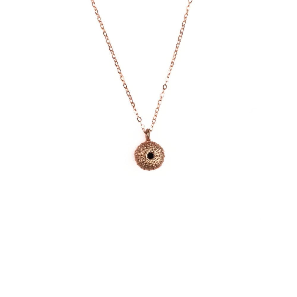 Rose gold plated sterling silver necklace with real sea urchin pendant found in Nature’s Valley.