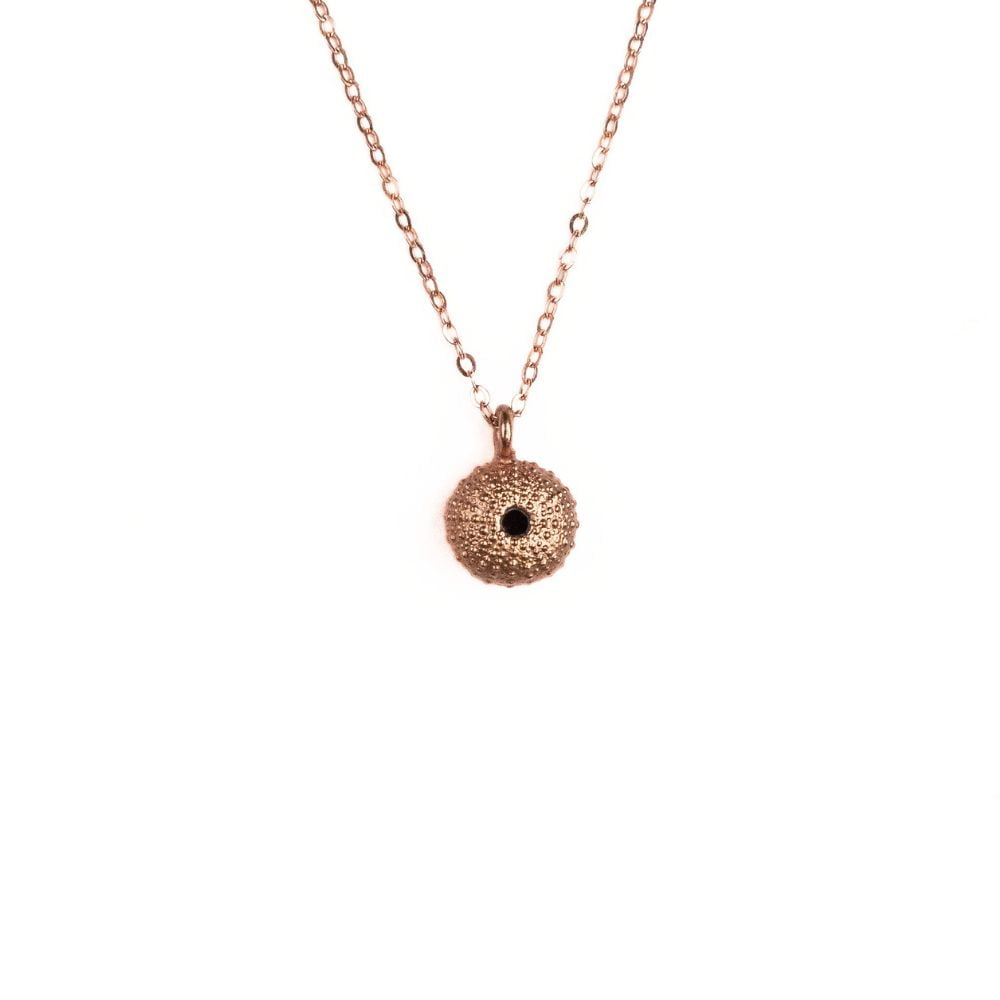 Rose gold plated sterling silver necklace with real sea urchin pendant found in Nature’s Valley.