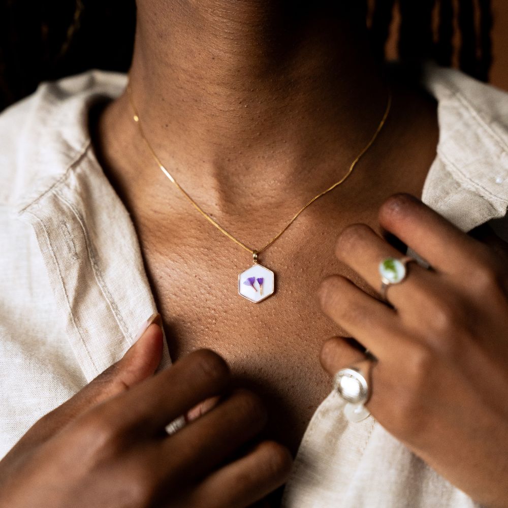 Hexagon gold necklace with real Sea Lavender flowers preserved in resin