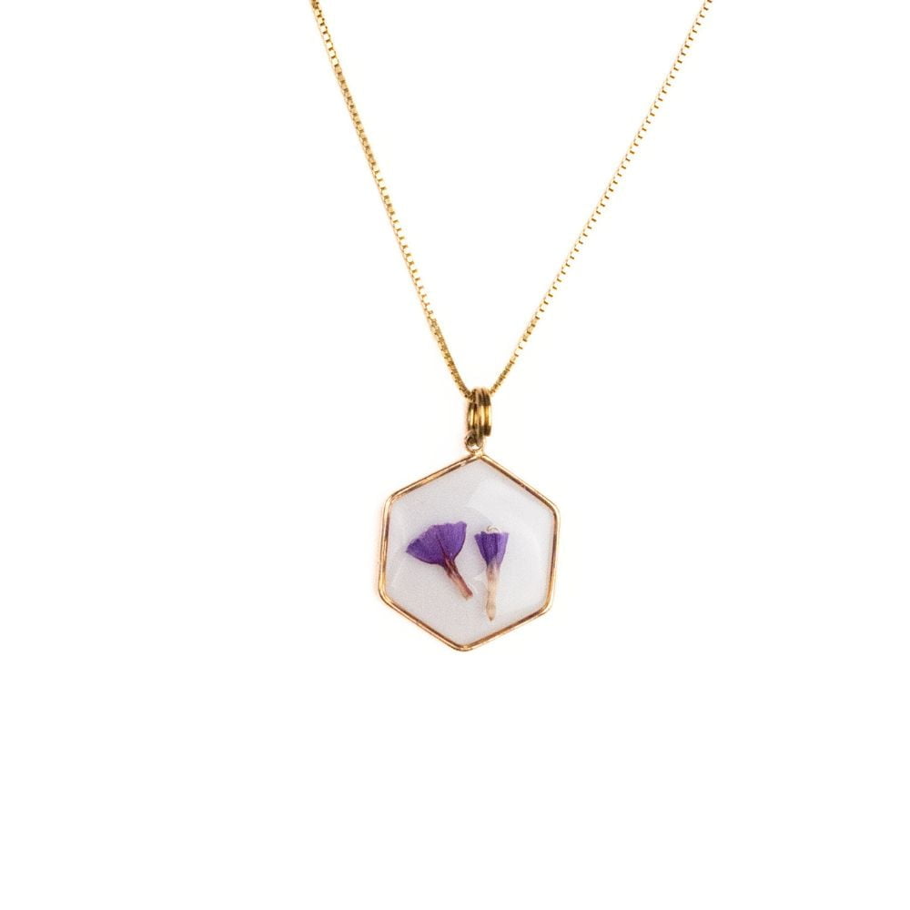 Hexagon gold necklace with real Sea Lavender flowers preserved in resin