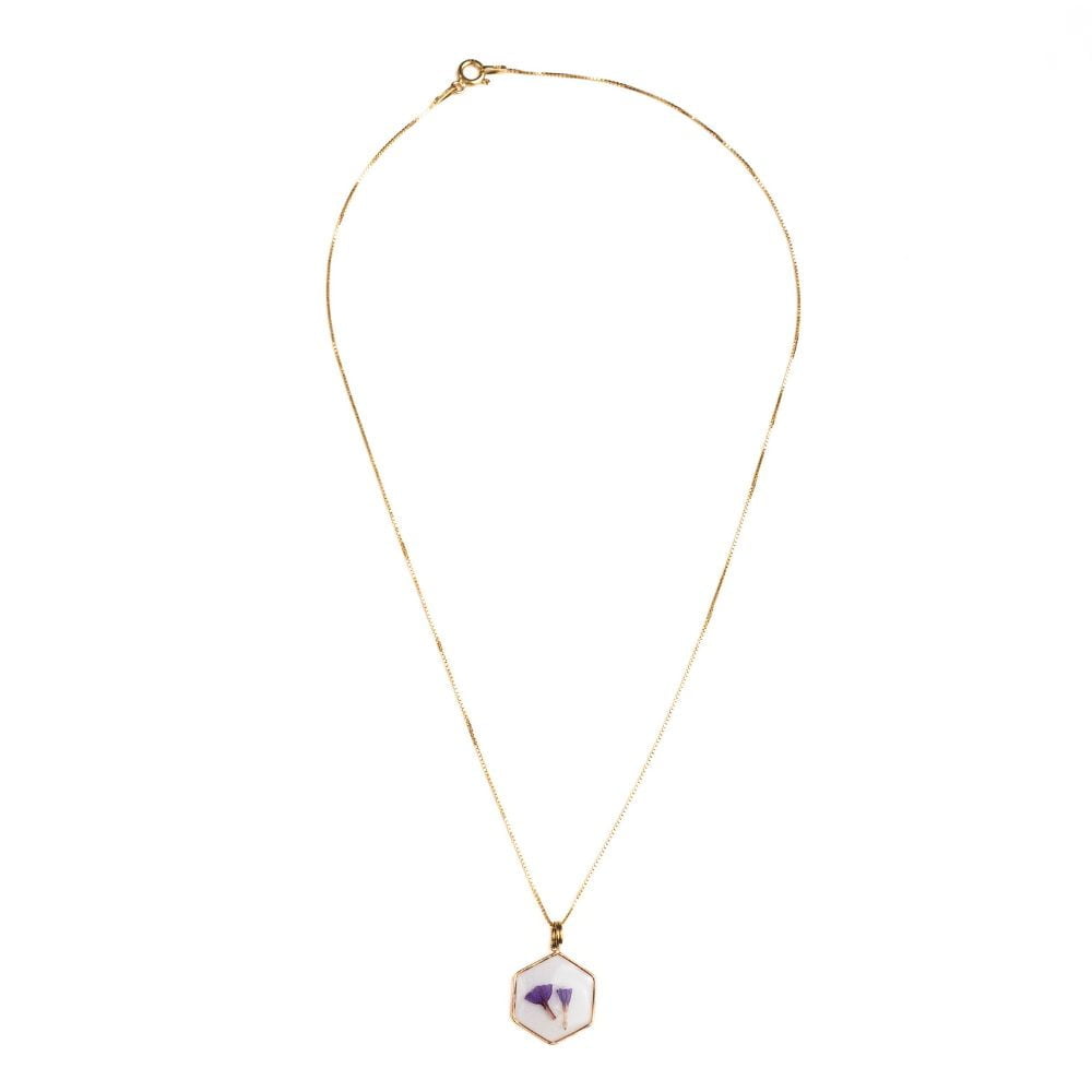 Hexagon gold necklace with real Sea Lavender flowers preserved in resin
