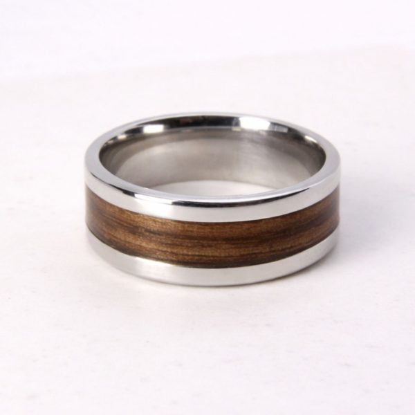 Stainless steel ring with zebrano wood inlay.