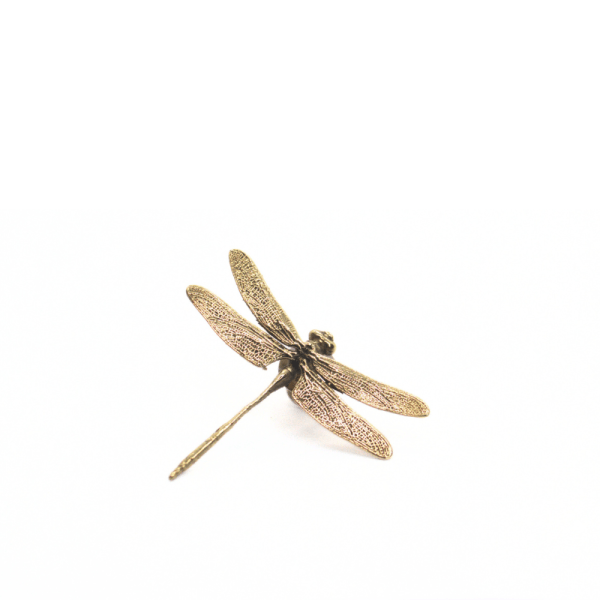 Brass dragonfly brooch featuring finely textured wings and sculpted body detail