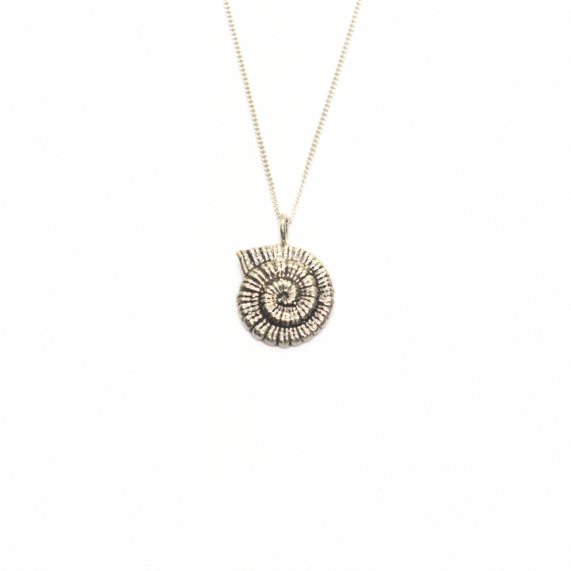 Sterling silver ammonite fossil pendant on sterling silver chain.