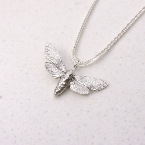 Sterling silver moth pendant on a chain with detailed textured wings.
