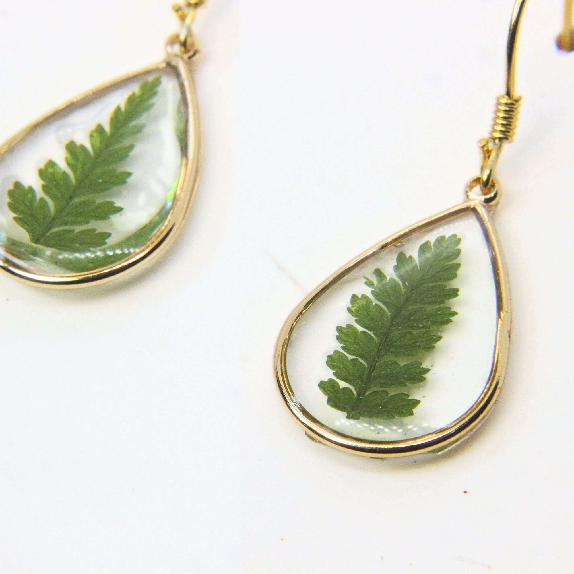Gold teardrop earrings with real fern leaves preserved in resin.