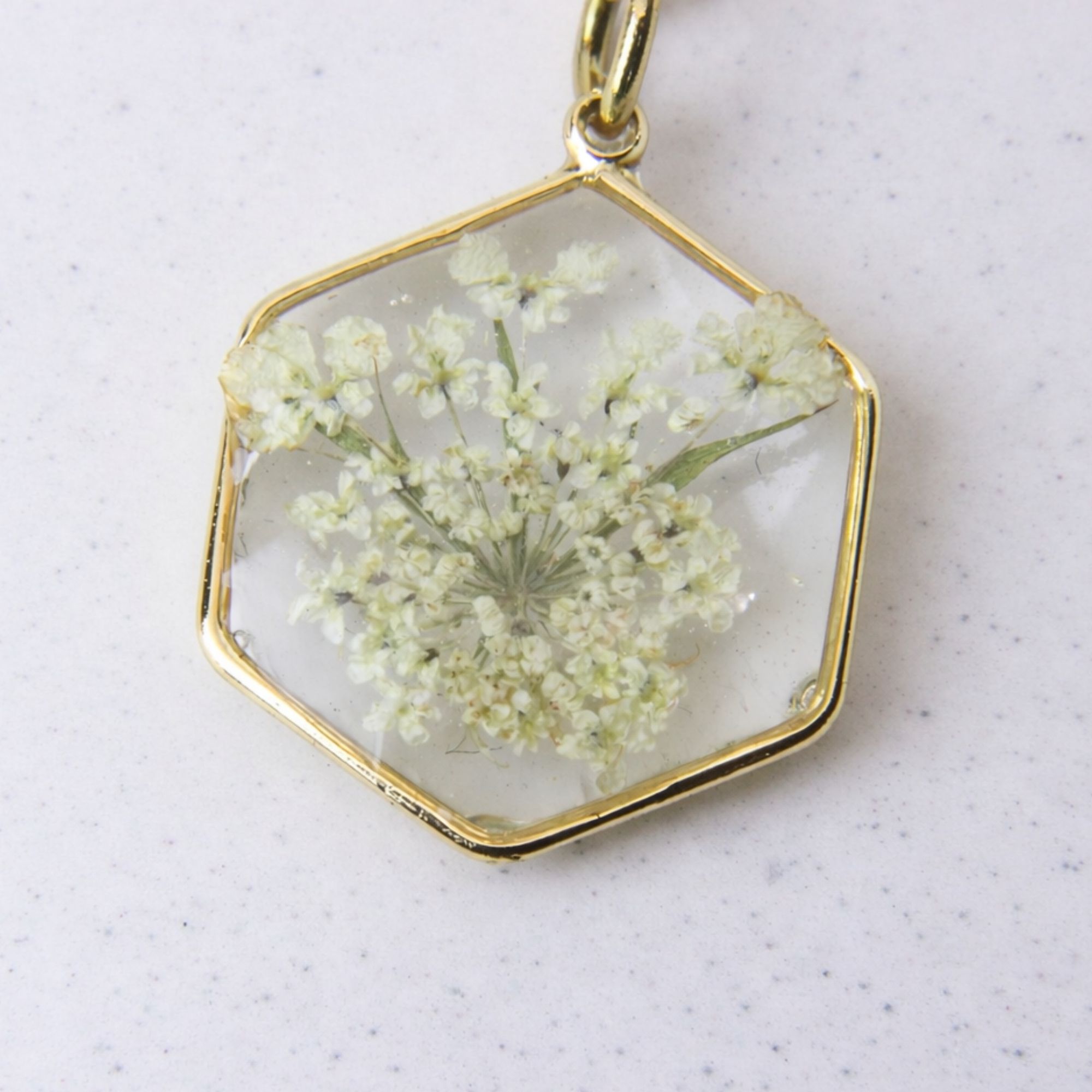 Gold hexagon pendant with preserved wild lace flower set in clear resin on a gold chain.