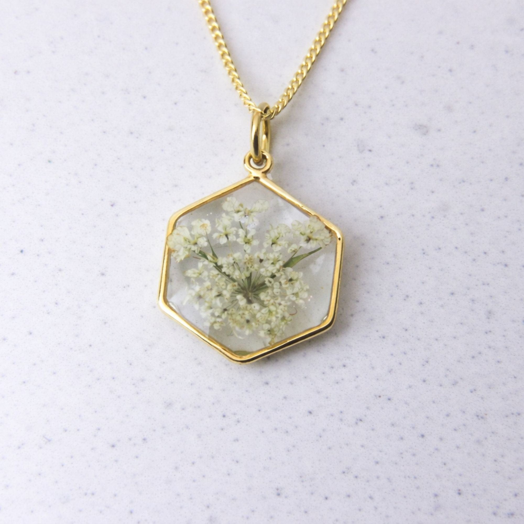 Gold hexagon pendant with preserved wild lace flower set in clear resin on a gold chain.